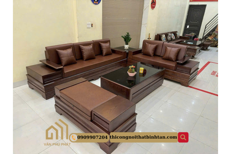 Ghế sofa gỗ sồi bọc da