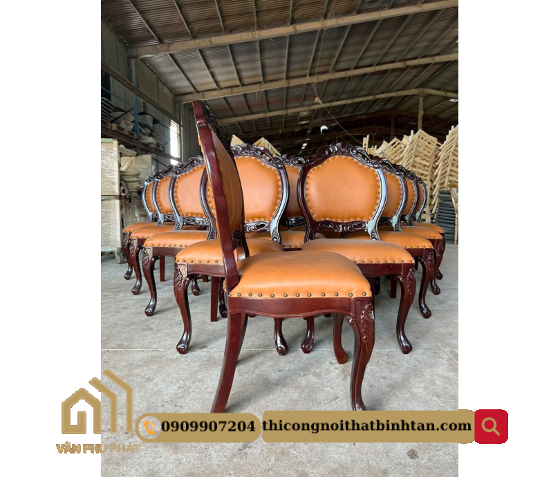 Ghế Gỗ Tân Cổ Điển Bọc Da Nâu