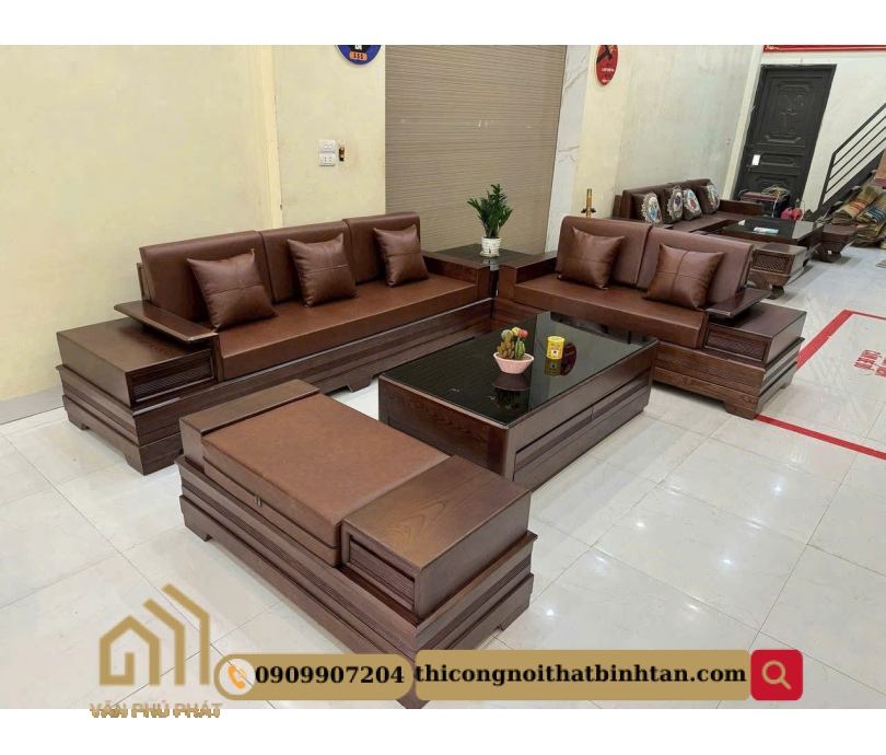Ghế sofa gỗ sồi bọc da
